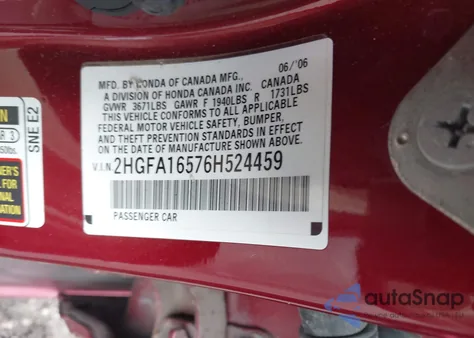 2006 Honda Civic Lx from USA, damaged, VIN 2HGFA16576H524459